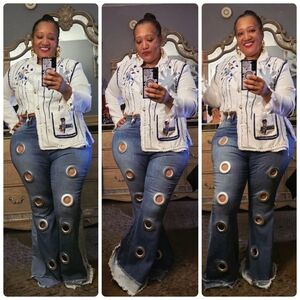 Customize Women’s Distressed Flare Jeans with Metal Eyelet Details - Blue